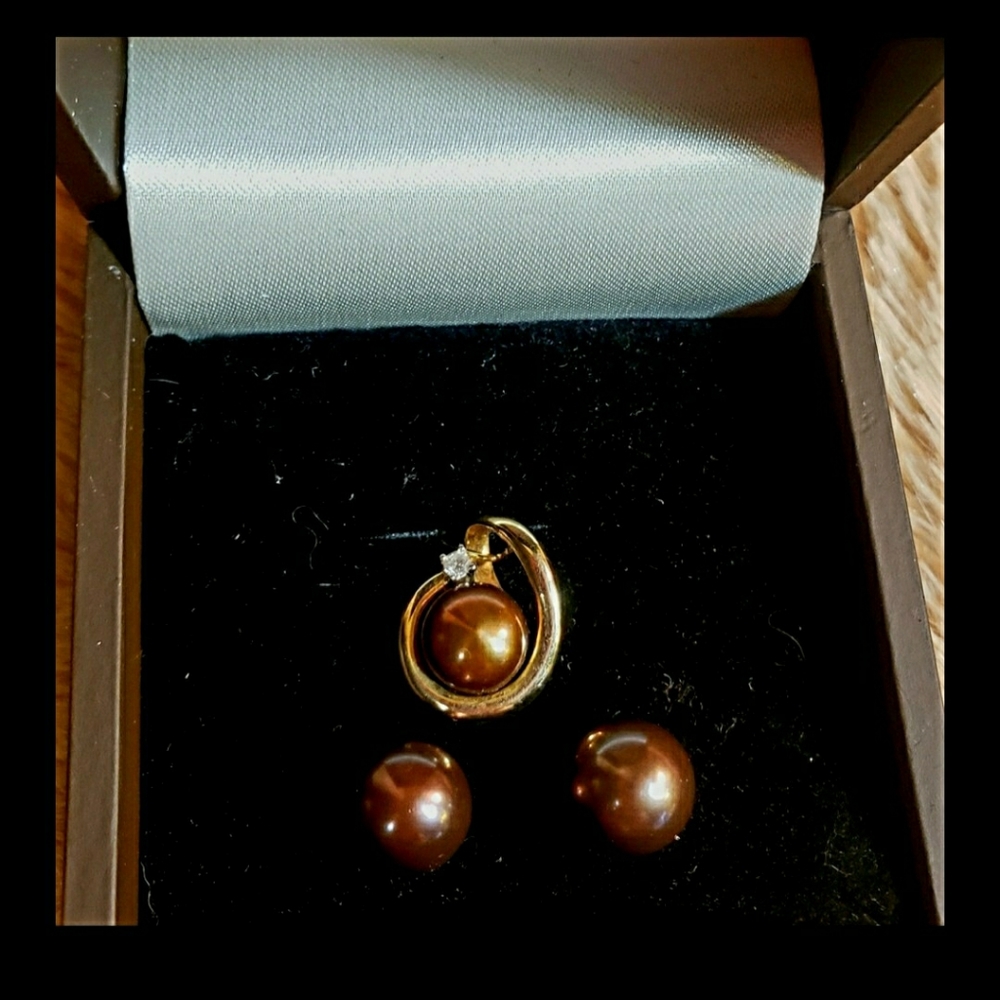 14K SOLID YG 9.7 MM EACH ROUND CHOC TAHITIAN SET - Picture 8 of 11
